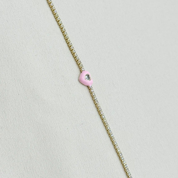 14K Altın Kaplama Pembe Kalp Detaylı Zirkon Su Yolu Bileklik