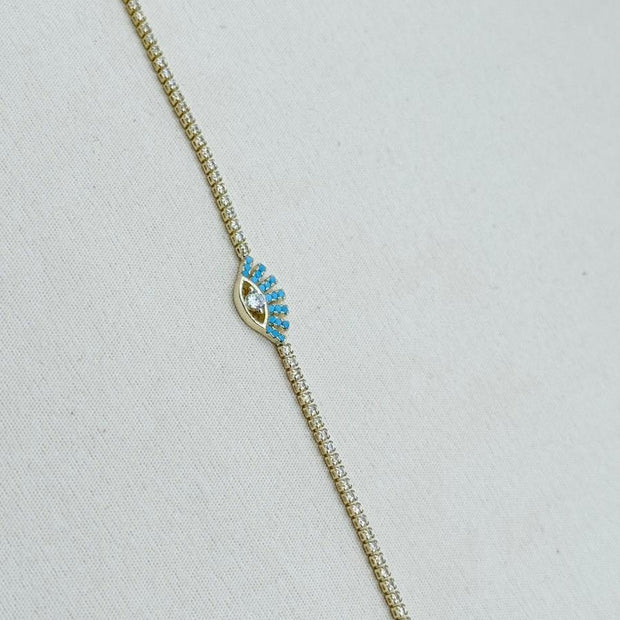 14K Altın Kaplama Turkuaz Taşlı Göz Figürlü Su Yolu Bileklik