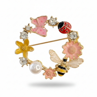 İnci ve Arı Detaylı Çiçek Bahçesi Bahar Çelengi Broş