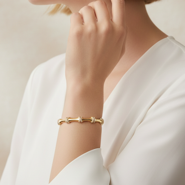 14K Altın Kaplama Zirkon Taşlı Bambu Model Kelepçe Bileklik