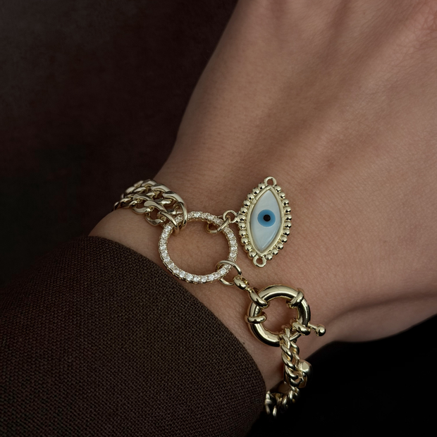 Nazar Boncuklu Kalın Gurmet Zincir Altın Kaplama Charm Bileklik