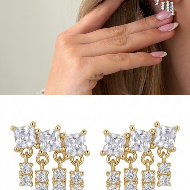 Işıltılı Kare Taşlı Baget Detaylı Sallantılı Küpe Gold