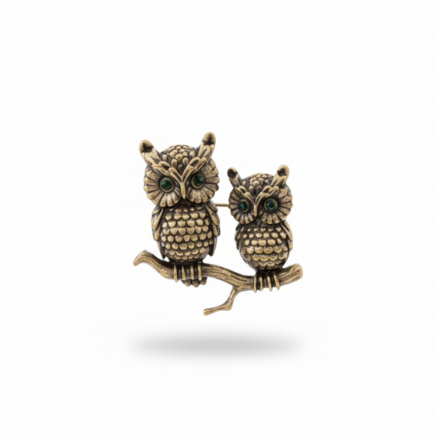Antik Bronz Kaplama Yeşil Gözlü İkili Baykuş Broş