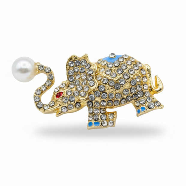 İncili ve Zirkon Taşlı Fil Figürlü Gold Broş