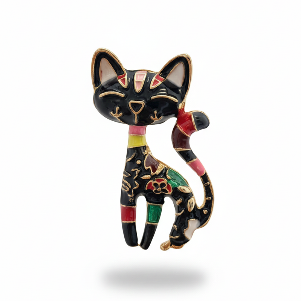 Bohem Stil Çok Renkli Desenli Kedi Broş