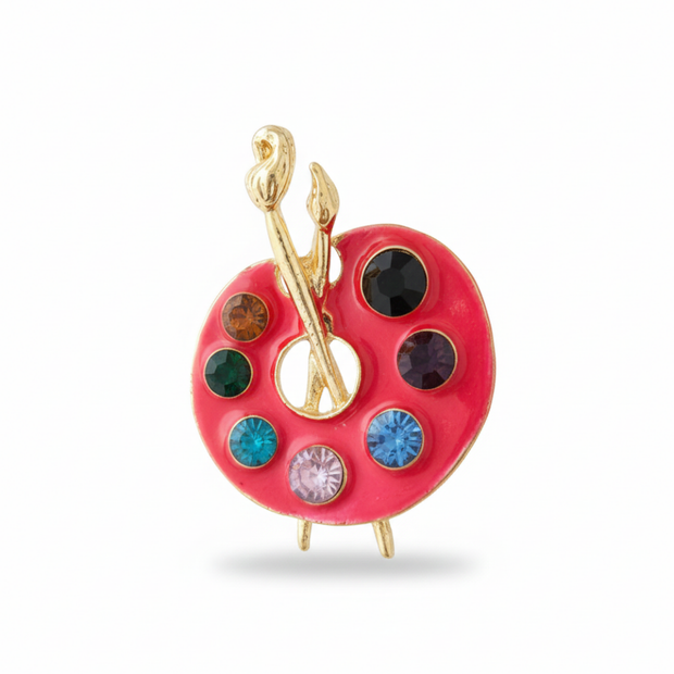 Ressam Paleti ve Fırçası Temalı Renkli Taşlı Broş