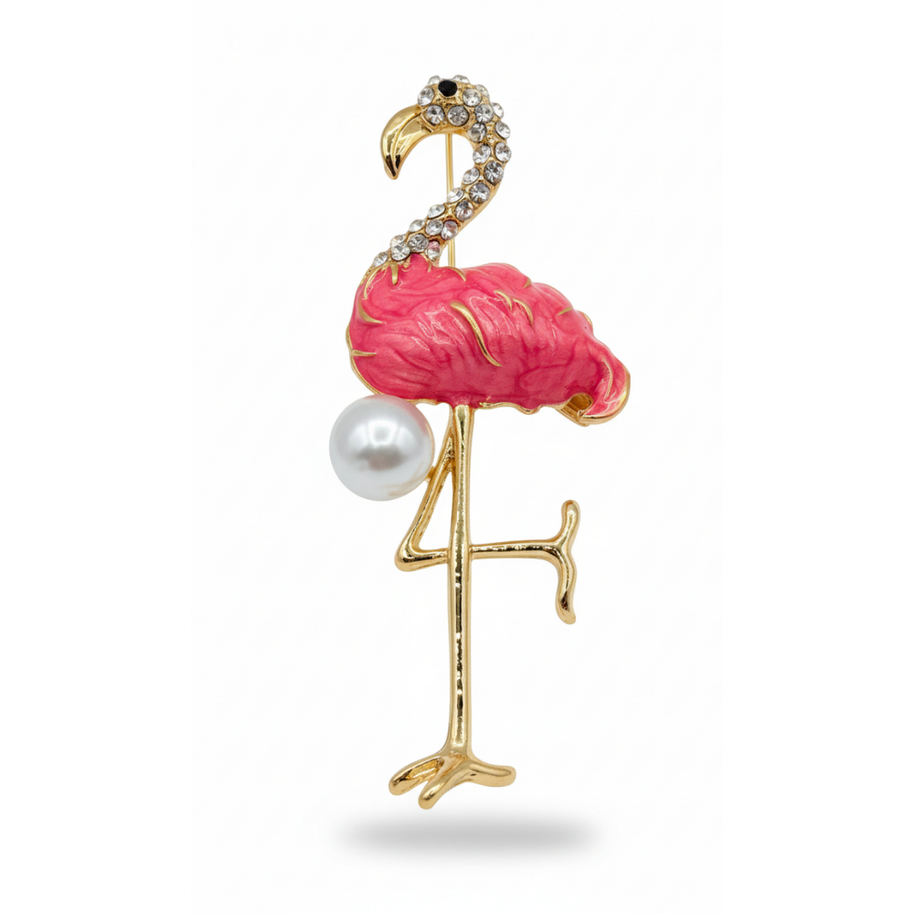 Pembe Kristal Taşlı Flamingo Broş
