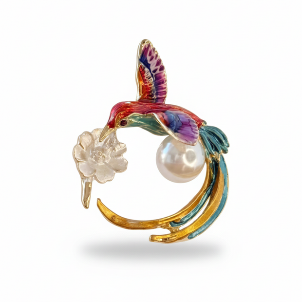 Rengarenk Emaye Kuşu ve İnci Detaylı Broş