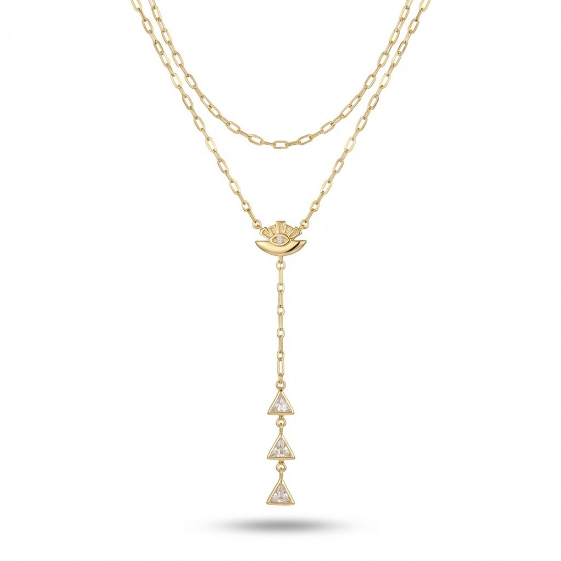 Güneş ve Üçgen Taşlı Çift Sıra Y Kolye