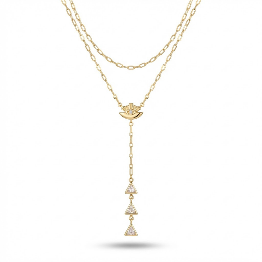 Güneş ve Üçgen Taşlı Çift Sıra Y Kolye