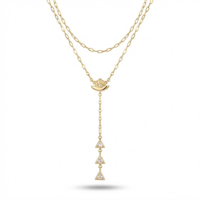 Güneş ve Üçgen Taşlı Çift Sıra Y Kolye