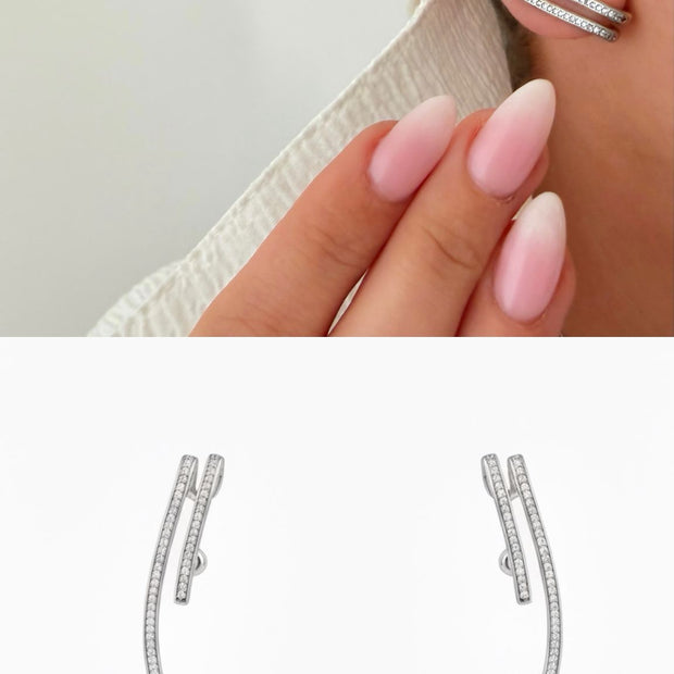 Gold Kaplama Çift Sıra Taşlı Kıkırdak Görünümlü Ear Climber Küpe Silver