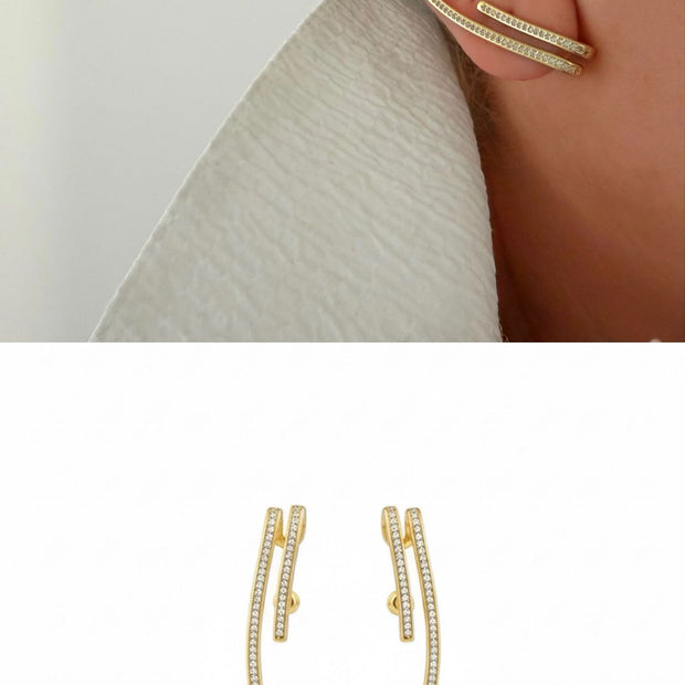 Gold Kaplama Çift Sıra Taşlı Kıkırdak Görünümlü Ear Climber Küpe Gold