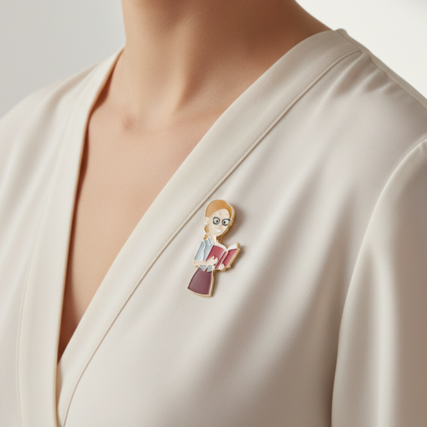 Kitap Okuyan Kız Figürlü Emaye Broş