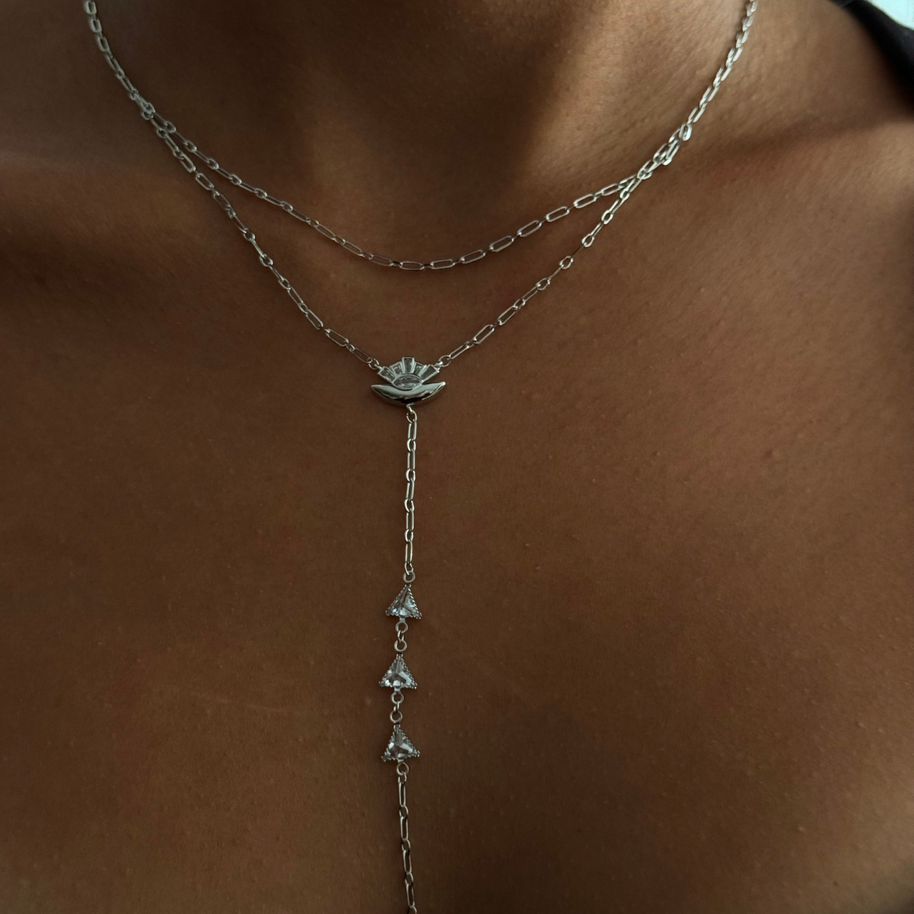 Güneş ve Üçgen Taşlı Çift Sıra Y Kolye Silver