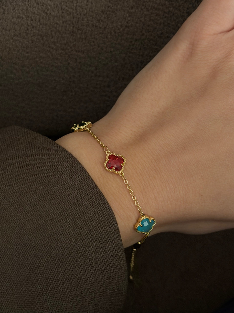 Van Cleef Model Oniks Taşlı 14K Kaplama Çoklu Renkli Yonca Bileklik