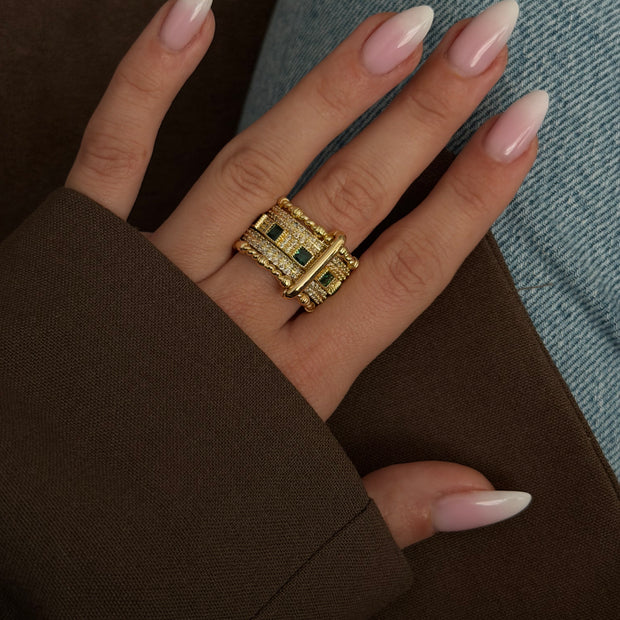Vintage Tasarım Çoklu Sıralı Yeşil Taşlı Gold Kaplama Kalın Yüzük