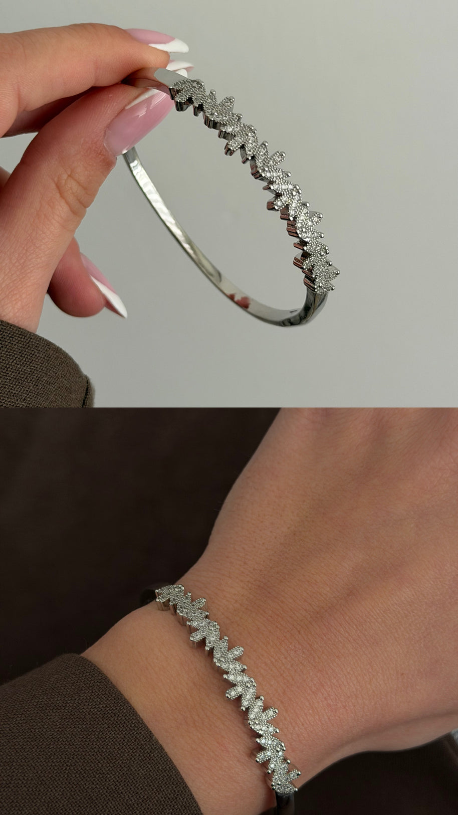 Gümüş Renk Zirkon Taşlı Yaprak Model Kelepçe Bileklik