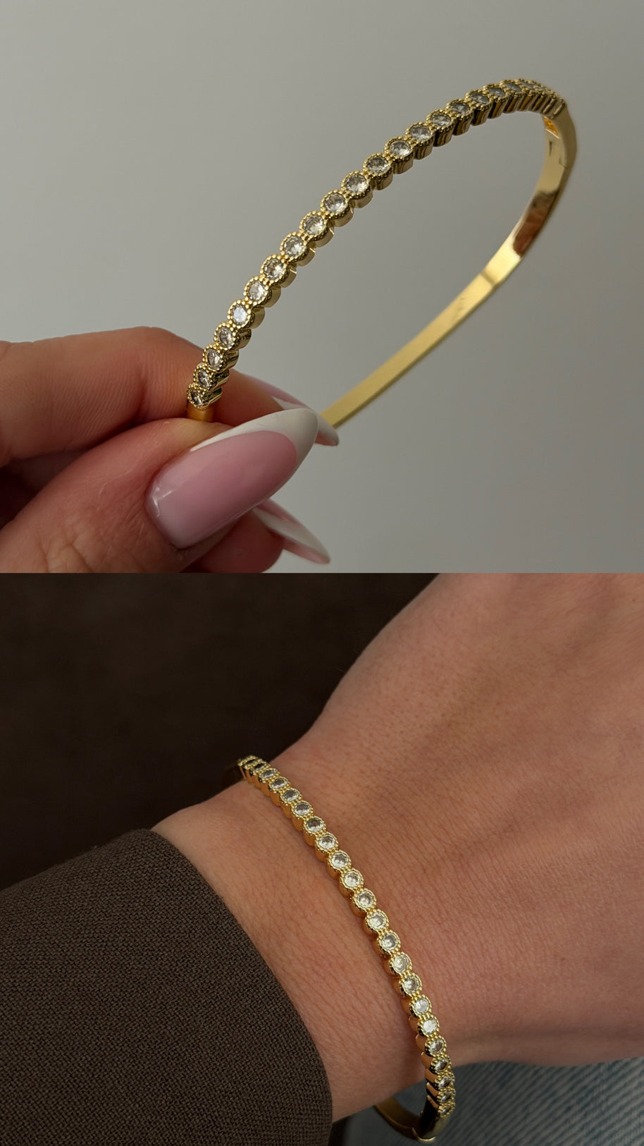 Minimalist Tek Sıra Bezel Taşlı Gold Kelepçe Bilezik