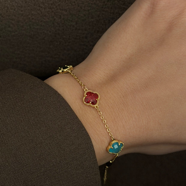 Van Cleef Model Oniks Taşlı 14K Kaplama Çoklu Renkli Yonca Bileklik