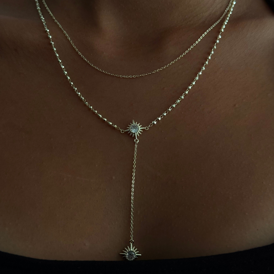 Zirkon Taşlı Çift Güneş Figürlü Zarif Y Kolye Gold