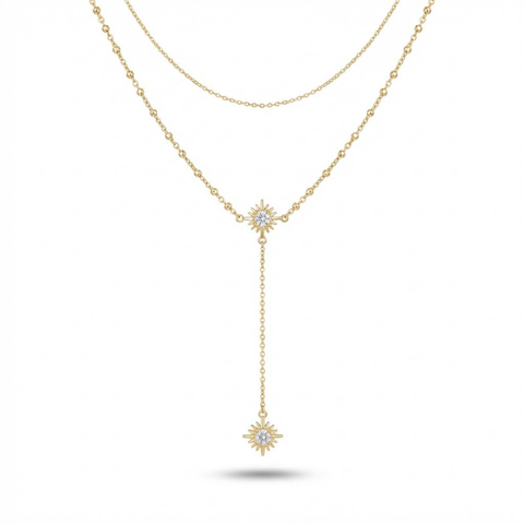 Zirkon Taşlı Çift Güneş Figürlü Zarif Y Kolye Gold