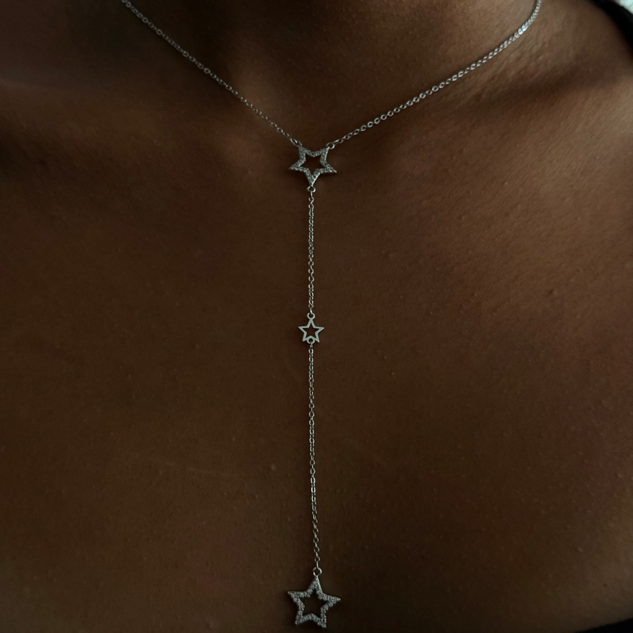 Zirkon Taşlı Üçlü Yıldız Sallantılı Y Kolye Silver