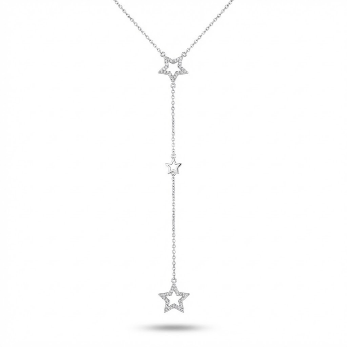 Zirkon Taşlı Üçlü Yıldız Sallantılı Y Kolye Silver