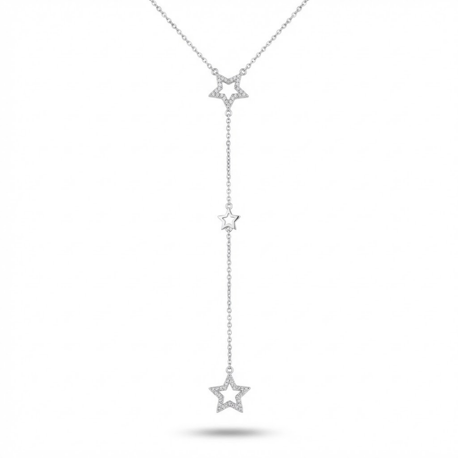 Zirkon Taşlı Üçlü Yıldız Sallantılı Y Kolye Silver