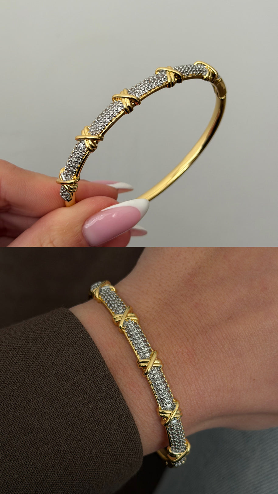 İkonik Çapraz Motifli Taş İşlemeli Gold Kelepçe Bilezik
