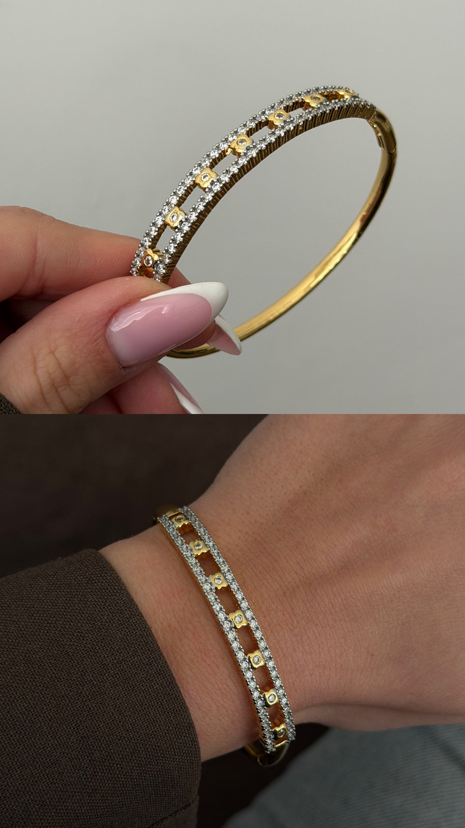 Yonca Figürlü Delikli Tasarım Zirkon Taşlı Gold Kelepçe