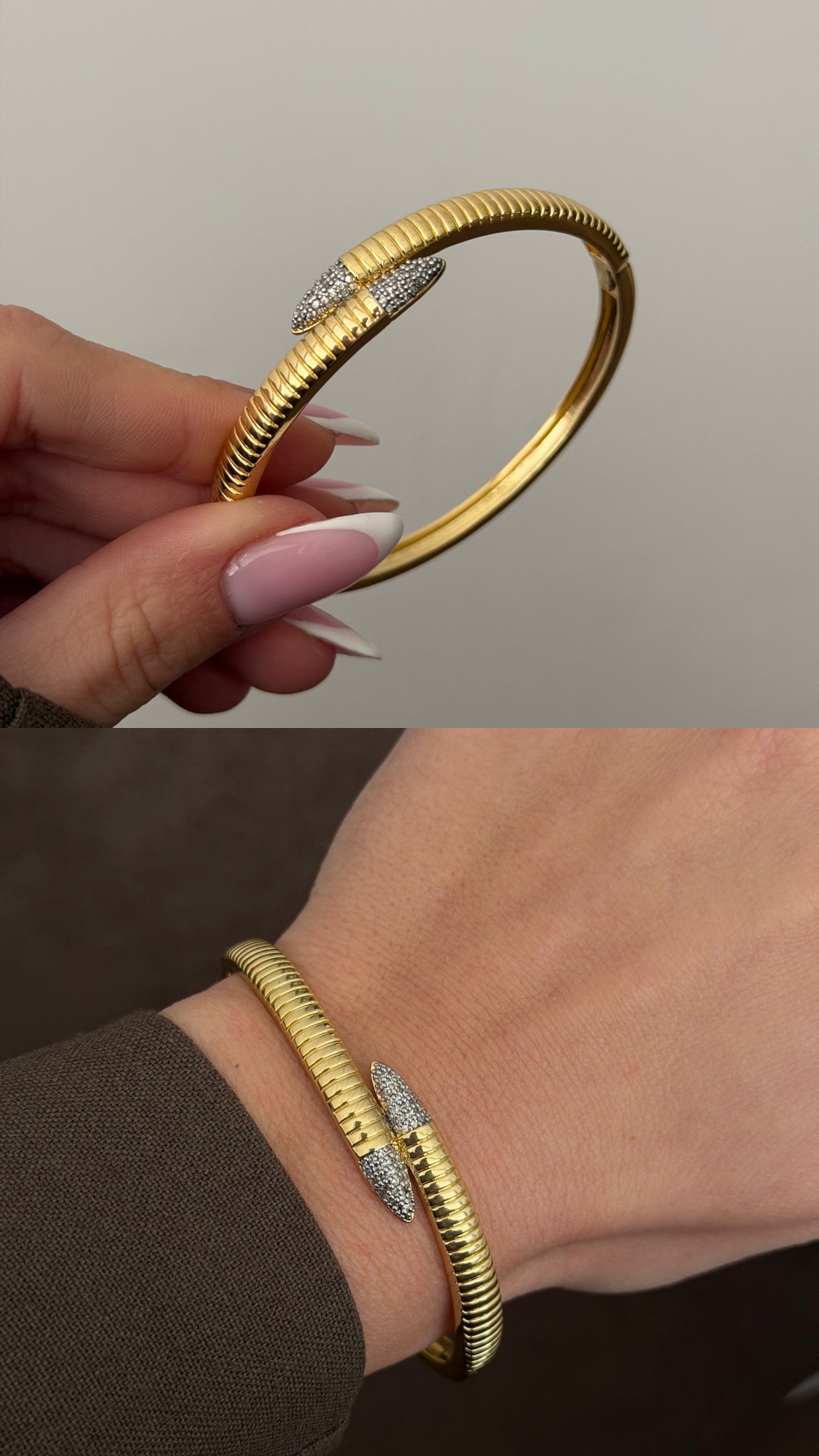 İnce Kanallı İki Ucu Taşlı Sarma Tasarım Gold Kelepçe