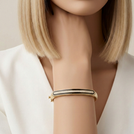 14K Altın Kaplama Siyah Mineli ve Zirkon Taşlı Modern Kelepçe Bileklik
