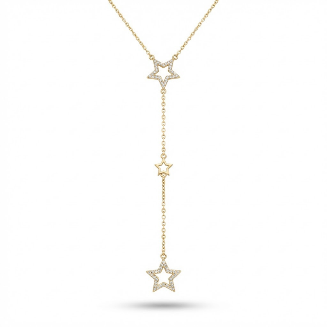 Zirkon Taşlı Üçlü Yıldız Sallantılı Y Kolye Gold