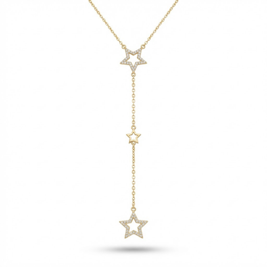 Zirkon Taşlı Üçlü Yıldız Sallantılı Y Kolye Gold