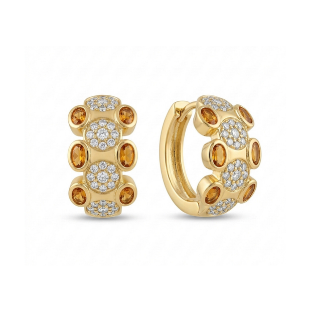 Gold Kaplama Kehribar Rengi Zirkon Taşlı Çiçek Halka Küpe