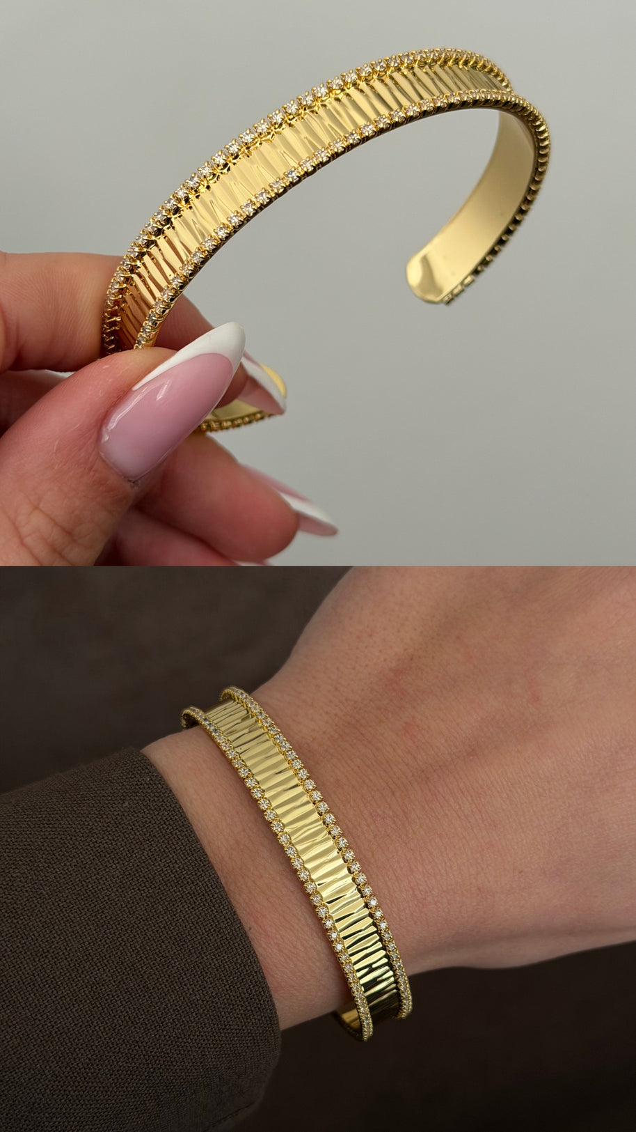 Işıltılı Taşlı Kenar Detaylı Plise Desenli Gold Kelepçe Bilezik