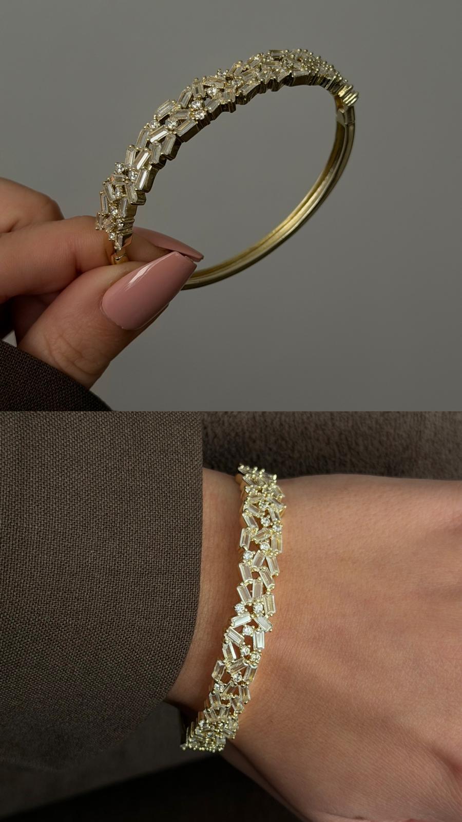 İtalyan Model Karışık Kesim Baget ve Yuvarlak Taşlı Gold Kelepçe Bileklik