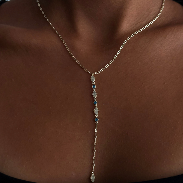 Zirkon Taşlı El ve Nazar Boncuklu Y Kolye Gold