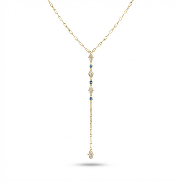 Zirkon Taşlı El ve Nazar Boncuklu Y Kolye Gold