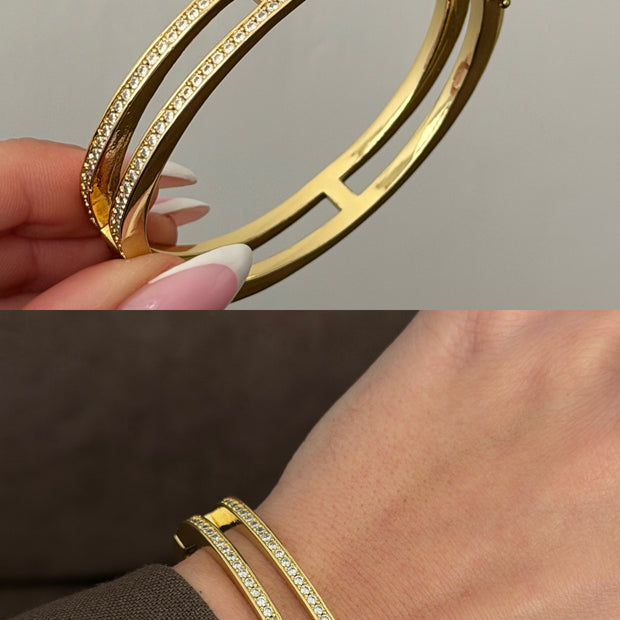 Gold Kaplama H Model Zirkon Taşlı Kelepçe Bileklik