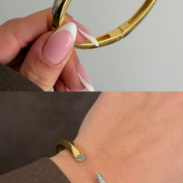 Modern Tasarım Sivri Uçlu Zirkon Taşlı Gold Kelepçe Bilezik