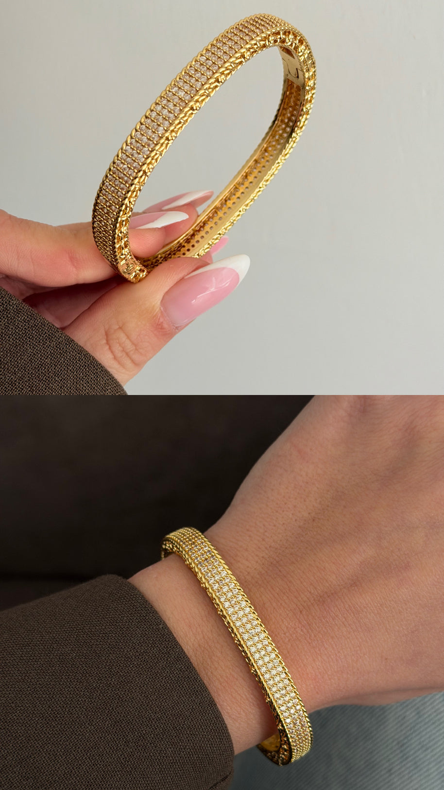 Mikro Pave Zirkon Taşlı Gümüş Renk Su Yolu Kelepçe Bilezik Gold