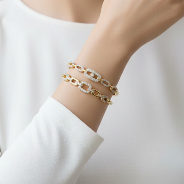 14 Ayar Altın Kaplama Zirkon Taşlı Zincir Model Kelepçe Bileklik