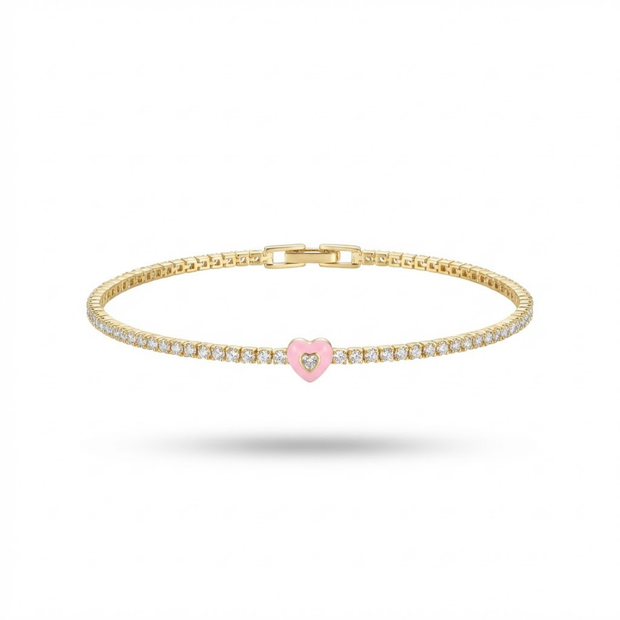 14K Altın Kaplama Pembe Kalp Detaylı Zirkon Su Yolu Bileklik