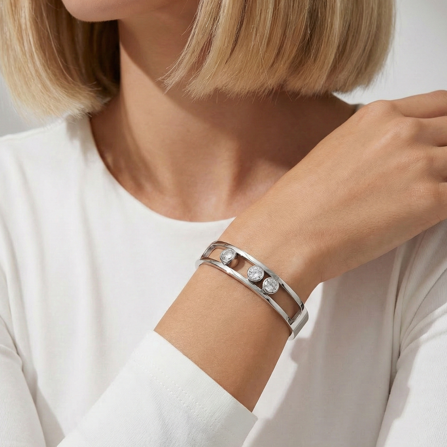 Silver Üç Taşlı Modern Tasarım Kelepçe Bileklik