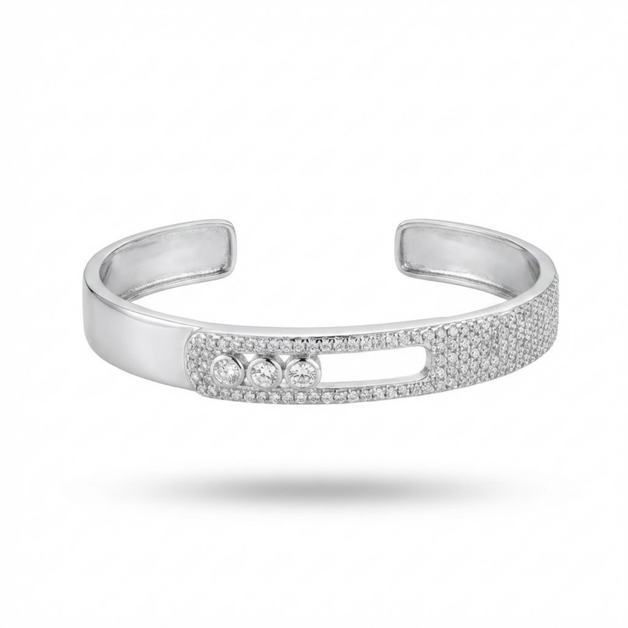 Silver ve Zirkon Üç Taşlı Modern Tasarım Kelepçe Bileklik