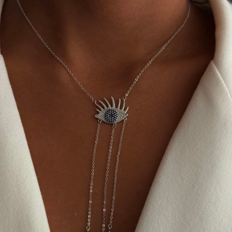Tasarım Model Kirpikli Nazar Boncuğu Uçlu Saçaklı Silver Kolye
