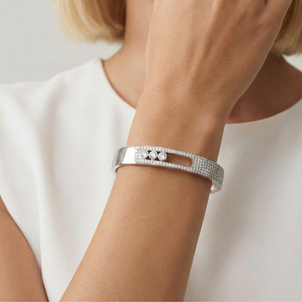 Silver ve Zirkon Üç Taşlı Modern Tasarım Kelepçe Bileklik