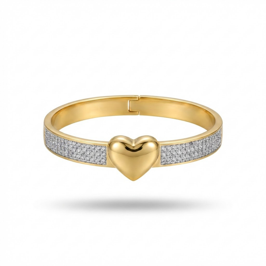 14K Altın Kaplama Işıltılı Kalp Figürlü Modern Kelepçe Bileklik